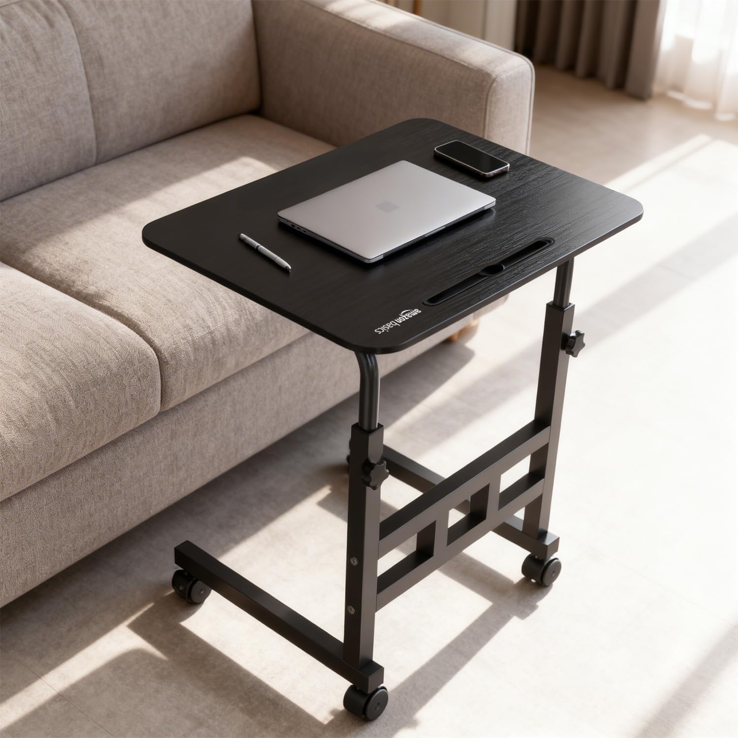 Amazon Basics Adjustable Height Wooden Table with Wheels | Portable Multipurpose Table | Smooth Rolling Wheels | Perfect Posture Adjustment | Trolly Laptop Table (Black)