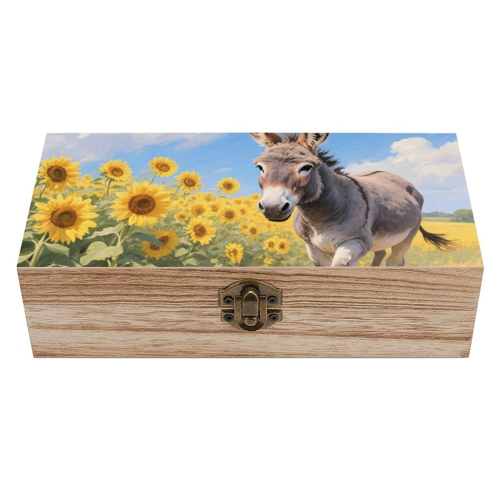 Oudrspo Donkey in Sunflower Field Wooden Keepsake Box Decorative Memory Storage Box with Hinged Lid Small Jewelry Keepsake Boxes for Storing Gift Pictures Letters Time Capsule