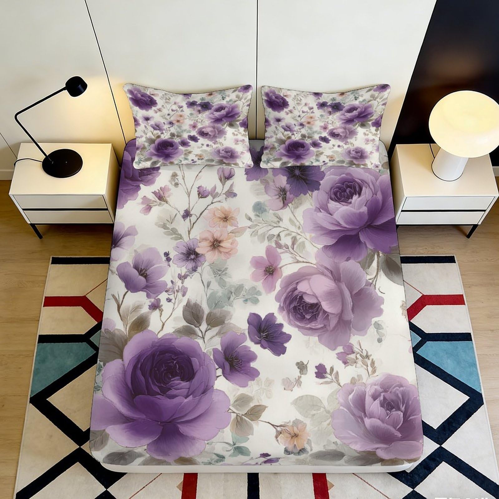 3D Printed Purple Floral Fitted Sheet Microfiber Soft Decorative Watercolor Blossom Mattress Cover for Bedroom Guest Room Protection 90x200x25cm