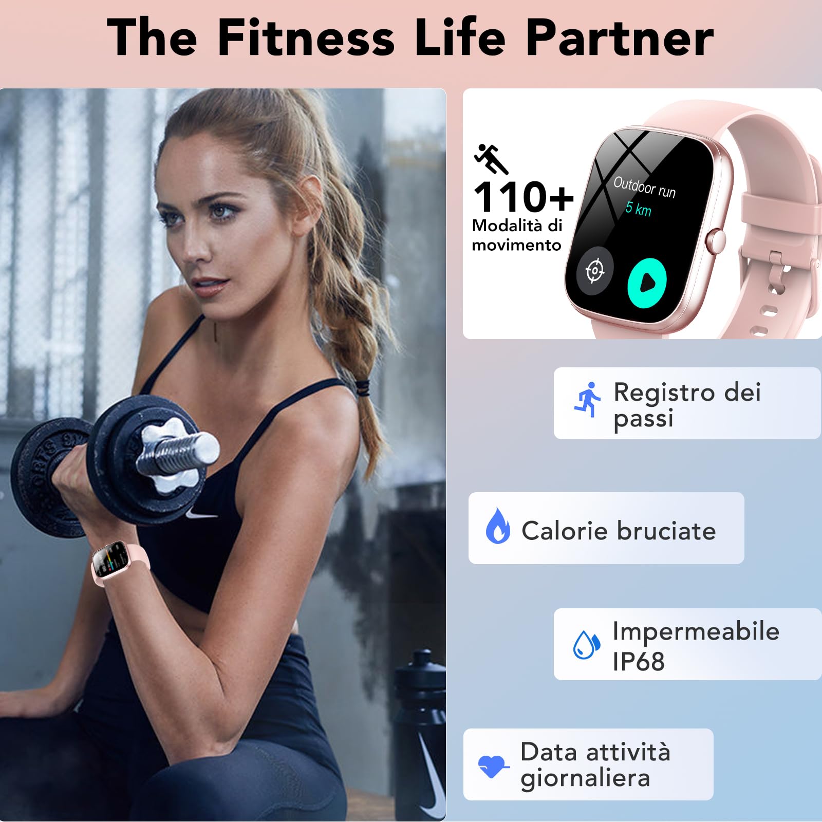 Smartwatch Uomo Donna, 1.91" Orologio Smartwatch con Effettua/Risposta Chiamate 110+ Sportive Smart Watch con Sonno/Cardiofrequenzimetro/Contapassi, Impermeabile IP68, Fitness Tracker per Android Rosa