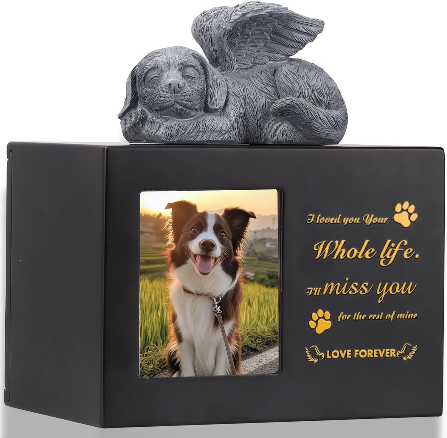 Pet Urns for Dogs, Black Wooden Urn for Dog Keepsake for Ashes, Funerary Urns Memory Box with Resin Animal Statue and Sealed Storage Bags (75lbs)