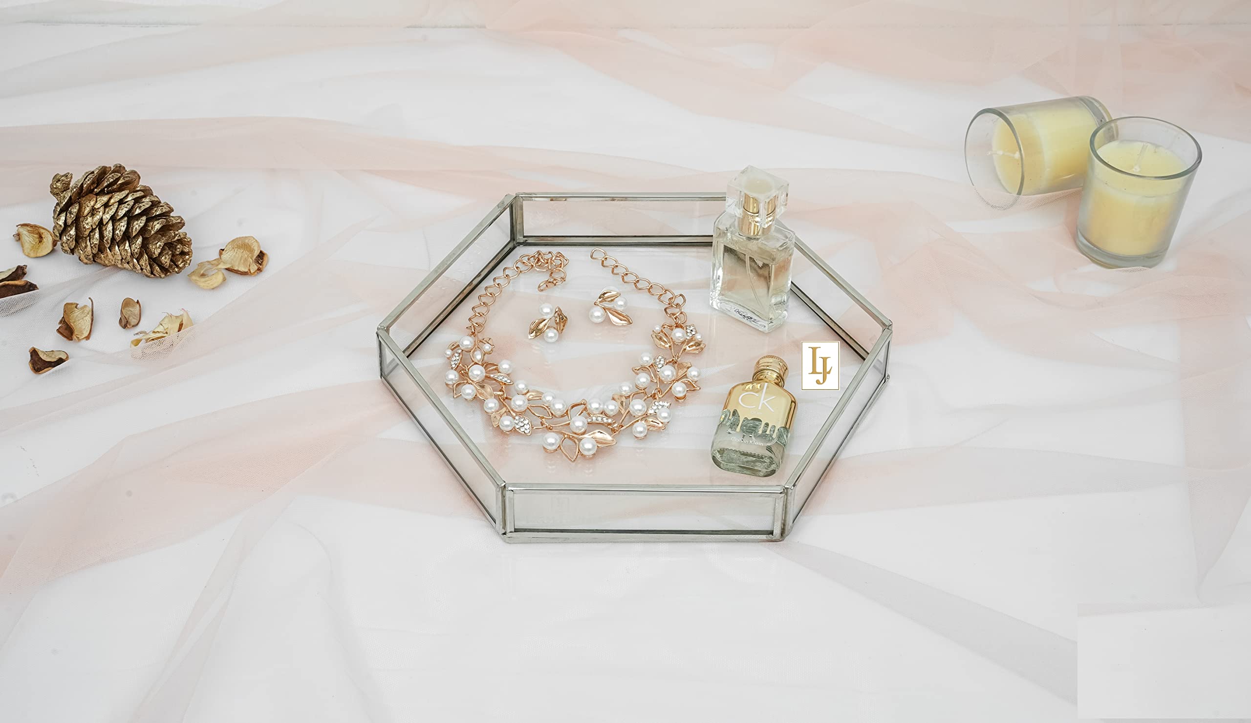 LamJum Hexagon Clear Glass Tray with Silver Metal Rim and Transparent Base Vanity Makeup Tray for Home Decor