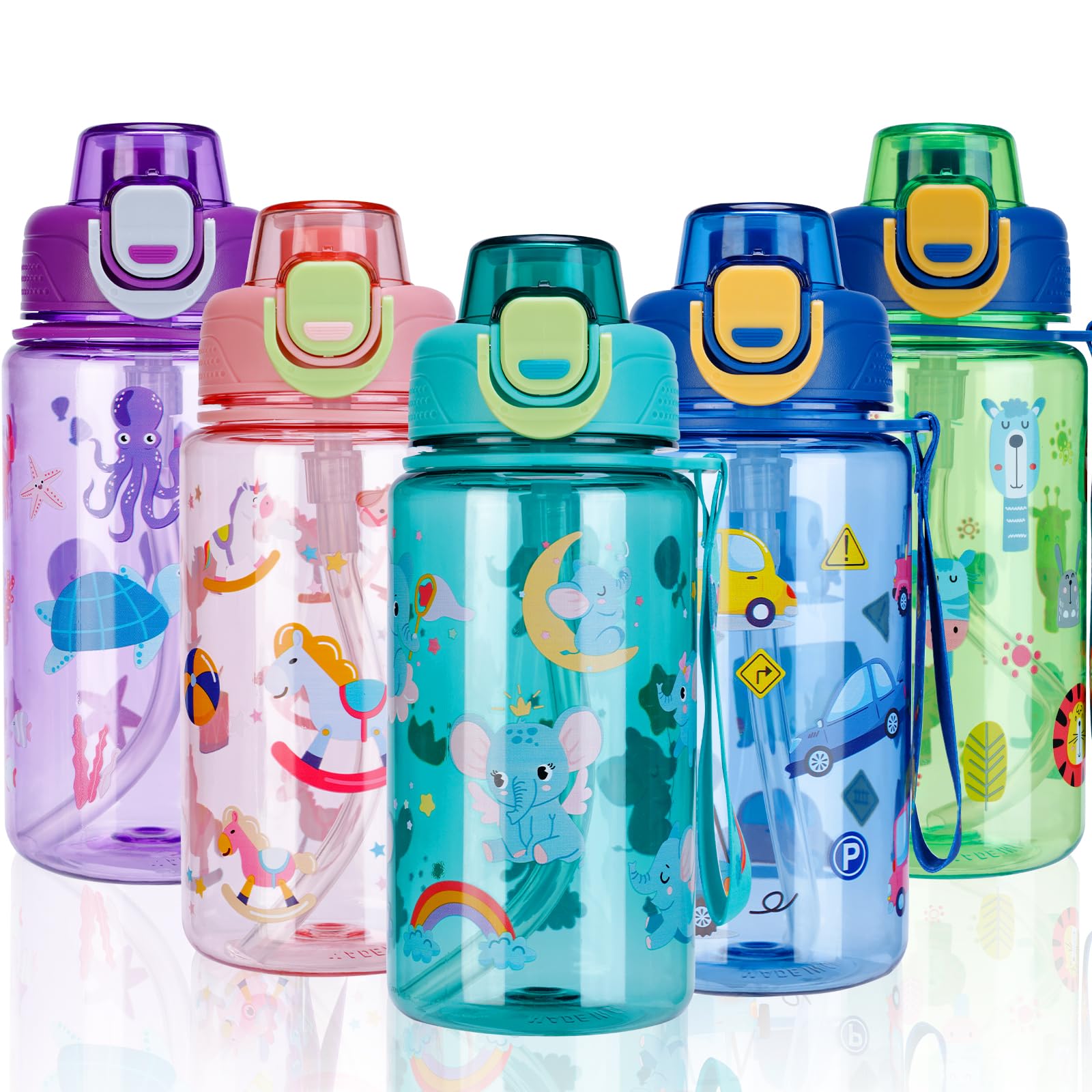 SENBSLAN Kids Water bottles with Removable Straw,600ml Drinks Bottle for School,Leakproof Bottle BPA free Sport Bottles(Light Green-Elephant)