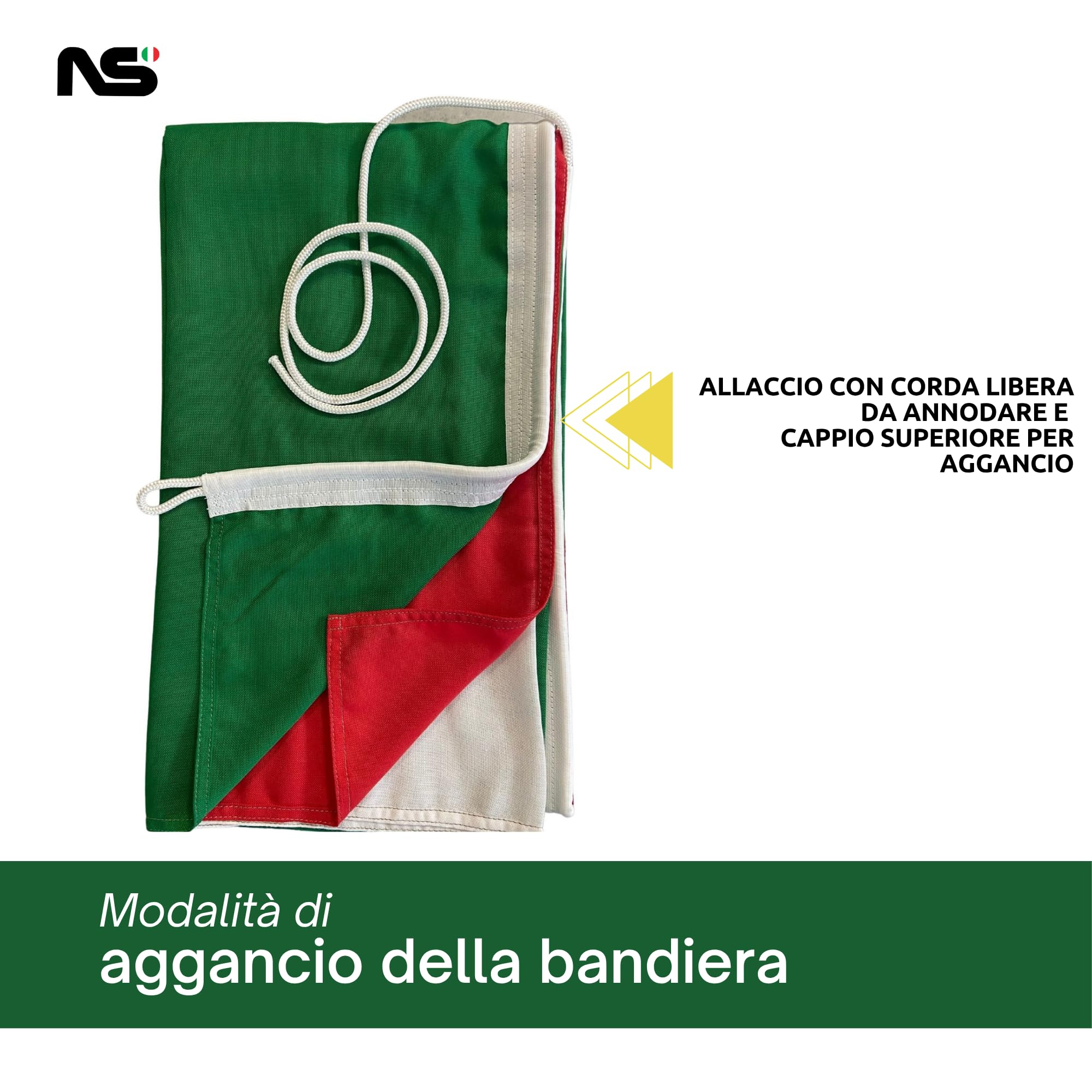 NS BANDIERE | Bandiera Italia Grande cm 200x300 in Tessuto Poliestere Nautico 130gr Antivento Resistente con Corda Laterale e Gancio di Rinforzo