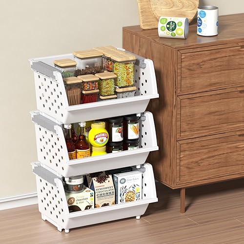 Miniatura 5 de Contenedores apilables de plástico, cesta de almacenamiento apilable, color blanco, juego de 3