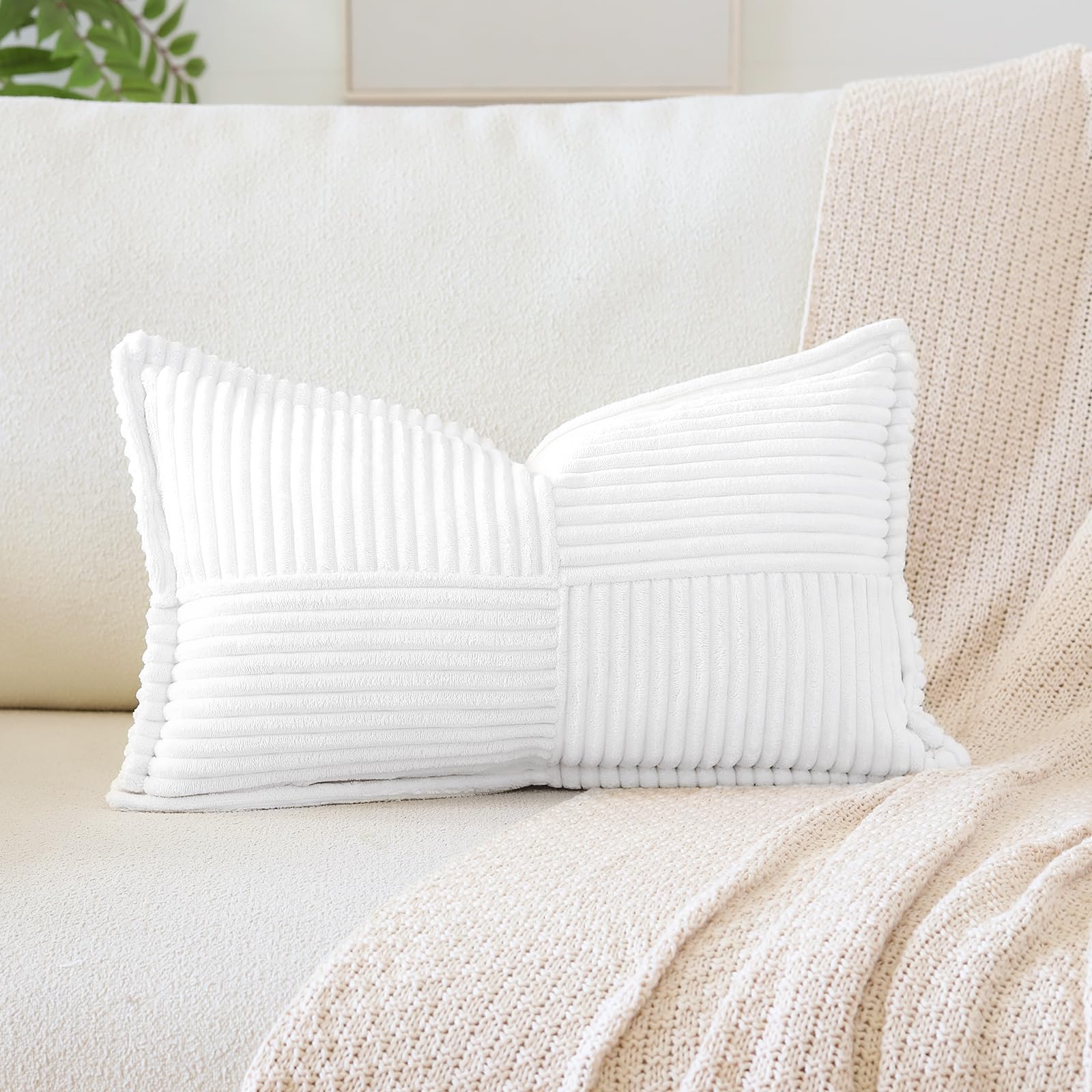 Artscope Striped Corduroy Cushion Covers with Splicing Super Soft Boho Pillow Covers Broadside Decorative Textured Throw Pillows for Couch Sofa Bed Living Room 30x50cm, White
