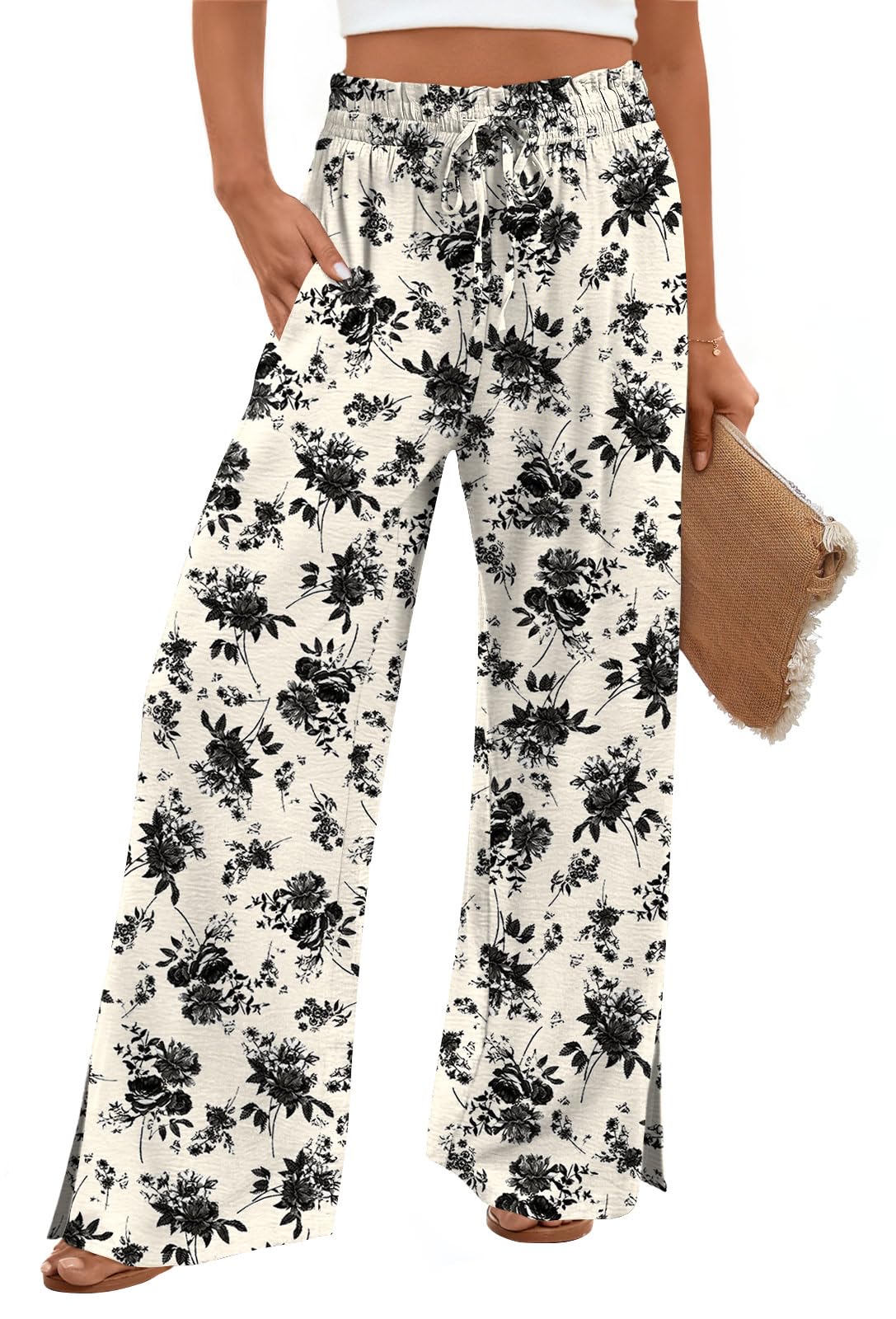 Womens Casual Pants Wide Leg High Waisted Adjustable Drawstring Trousers with Pockets Lightweight