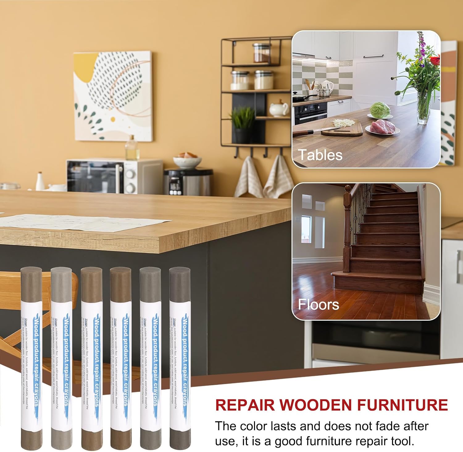 HARFINGTON Wood Filler Sticks 6 Colors Wooden Wax Touch Up Furniture Repair Crayons for Medium Brown 10-11, Space Gray, Light, Gray Oak, Gray