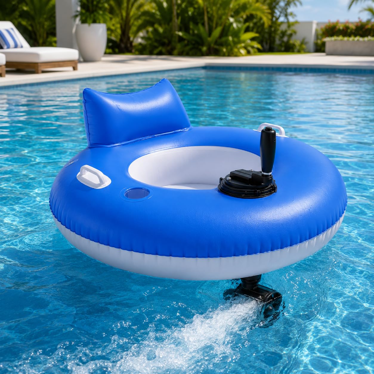 Flotadores Motorizados de Piscina para Adultos, Tumbona Inflable Recargable con Batería de 5200mAh, Control por Joystick de 360°, Hélice Simple o Doble, Respaldo, Portavasos A