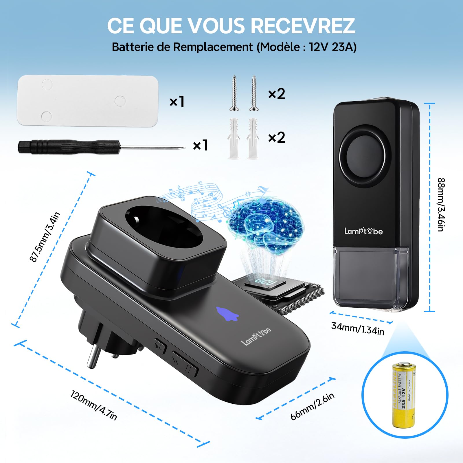 Sonnette Sans Fil Prise Secteur 400 Mètres, Sonnette de Porte Sans Fil Exterieur Etanche IP55, 58 Mélodies 5 Niveaux Volumes, Sonnette pour Maison, Bureau, Hôtel, Noir (1-set)