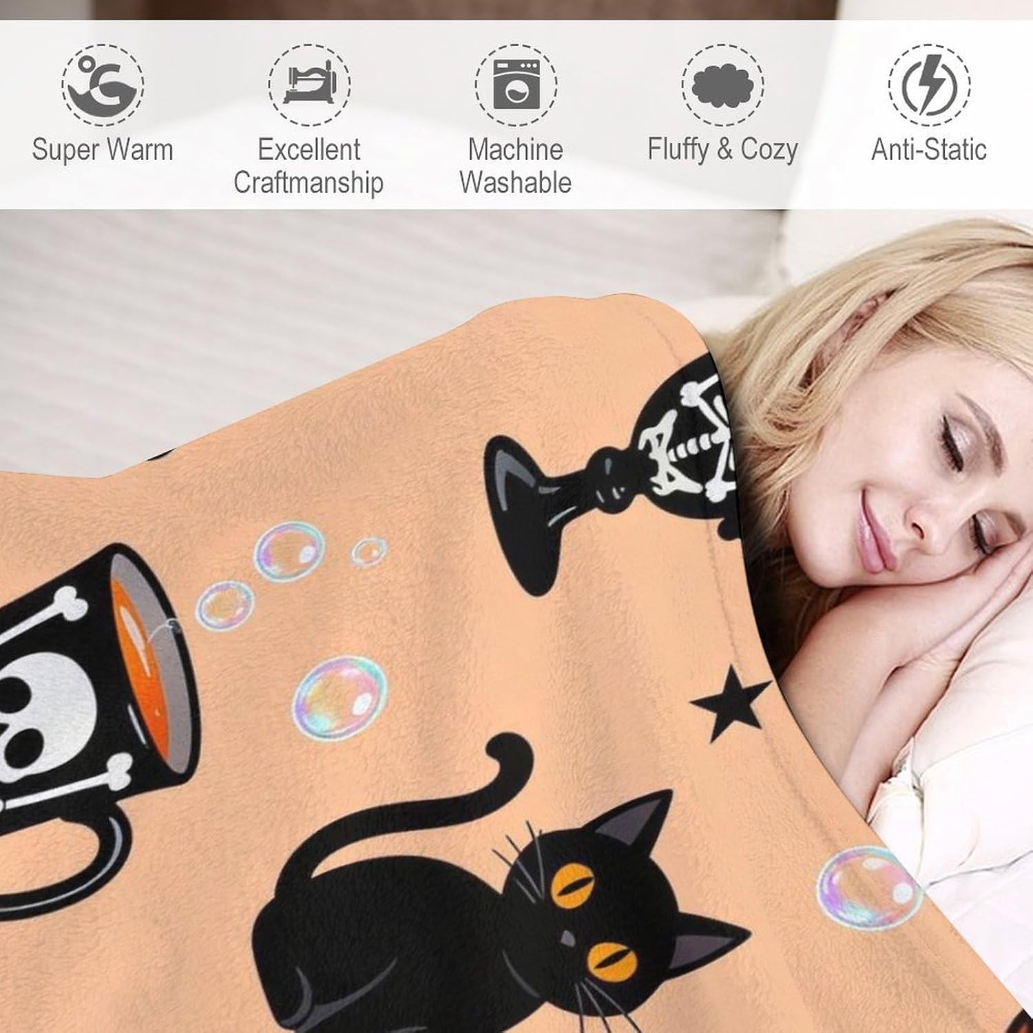 Throw Blanket Halloween Cat Pumpkin Blankets Soft Warm Cozy Flannel Blankets for Couch Sofa Bed Livingroom Travel Home Decor 50"x60"
