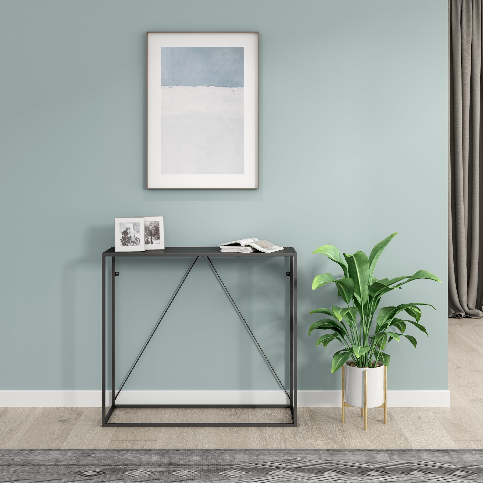 [en.casa] Mesa Consola Mueble de Entrada Moderno Robusto para Oficina Pasillo Recibidor Montaje Rápido Acero 90 x 30 x 80 cm - Negro