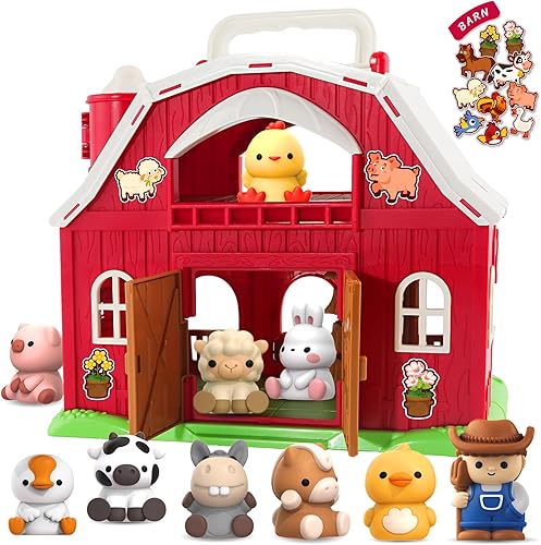 SpringFlower Juguetes para niños y niñas de 1, 2 y 3 años, juguete de granero grande con animales de granja, juguetes educativos Montessori, juguete