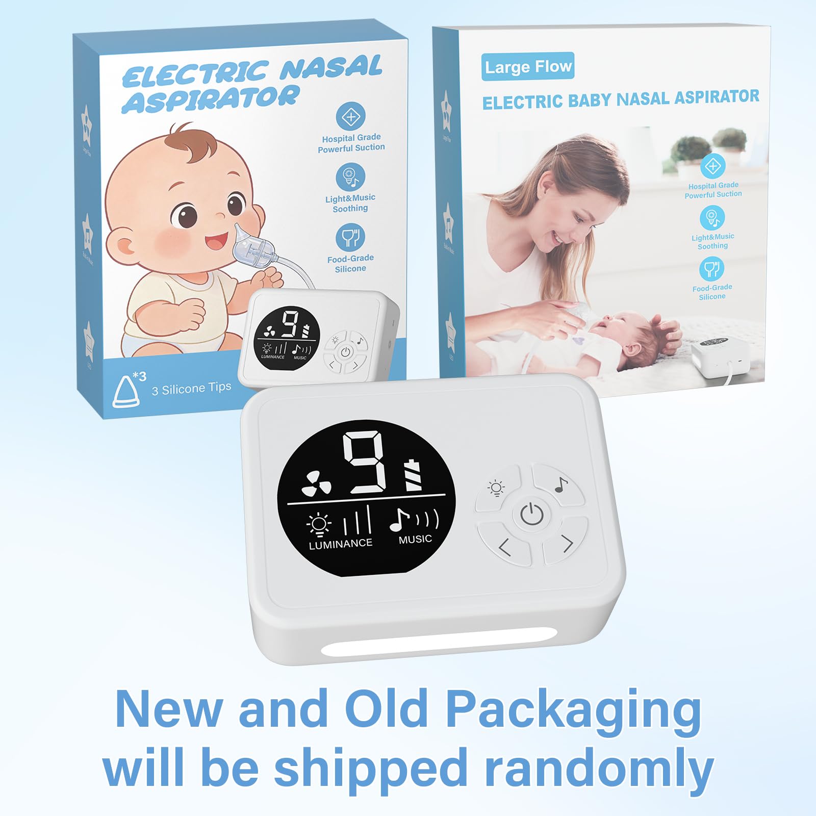Aspirador nasal para bebé, ventosa nasal con 9 niveles de succión, succión eléctrica para mocos, 3 niveles de luz nocturna y función calmante de rimas infantiles, puntas de silicona de grado