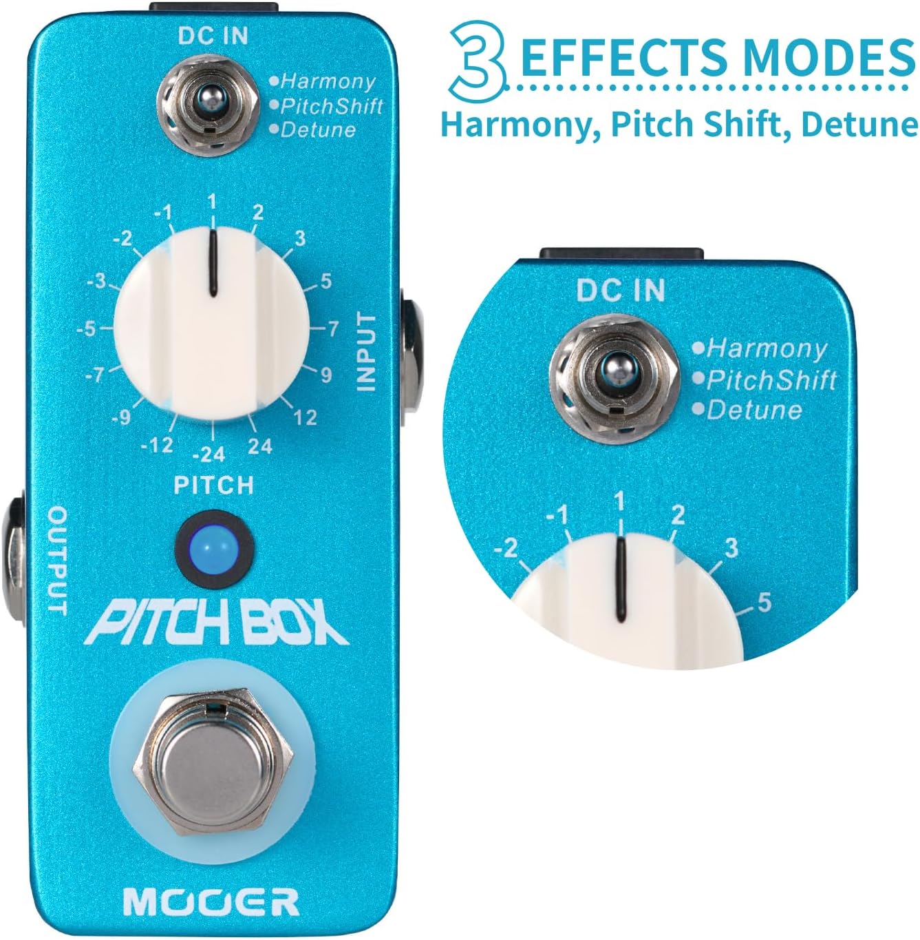 Close-up of the MOOER Pitch Box pedal's controls: Mode switch, Pitch knob, and Footswitch.