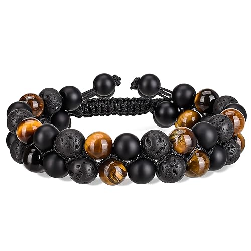 Miniatura 1 de Clheatky Triple Protection Bracelet Lava Rock Tigers Eye Black Onyx Bead Bracelets for Men Women 8MM Natural Stone Crystal Bracelets for Power,