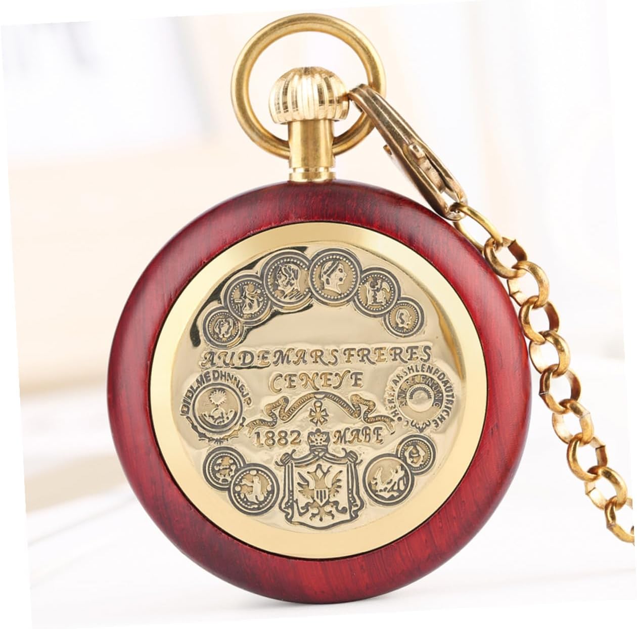 Healifty Vintage Mechanical Pocket Watch with Wood-Grain Bezel Roman Numerals Retro Hanging Watch for Men with Chain Suitable for Daily Wear
