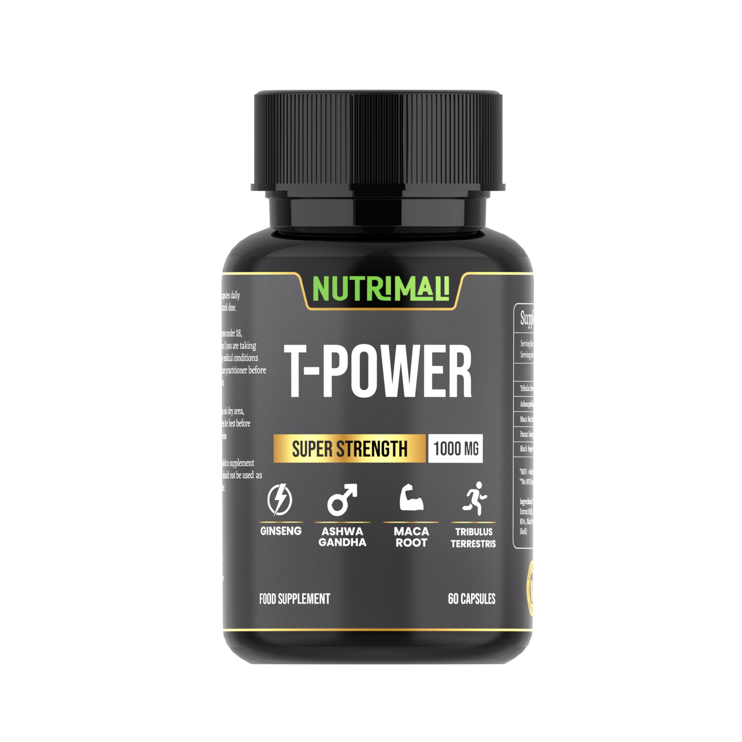 NutriMali T-Power (Testo Supplement) | Ginseng, Maca, Tribulus Terrestris, Ashwagandha | 60 Capsules 1000mg High Strength | Gym Supplements for Men, Energy, Stamina Booster