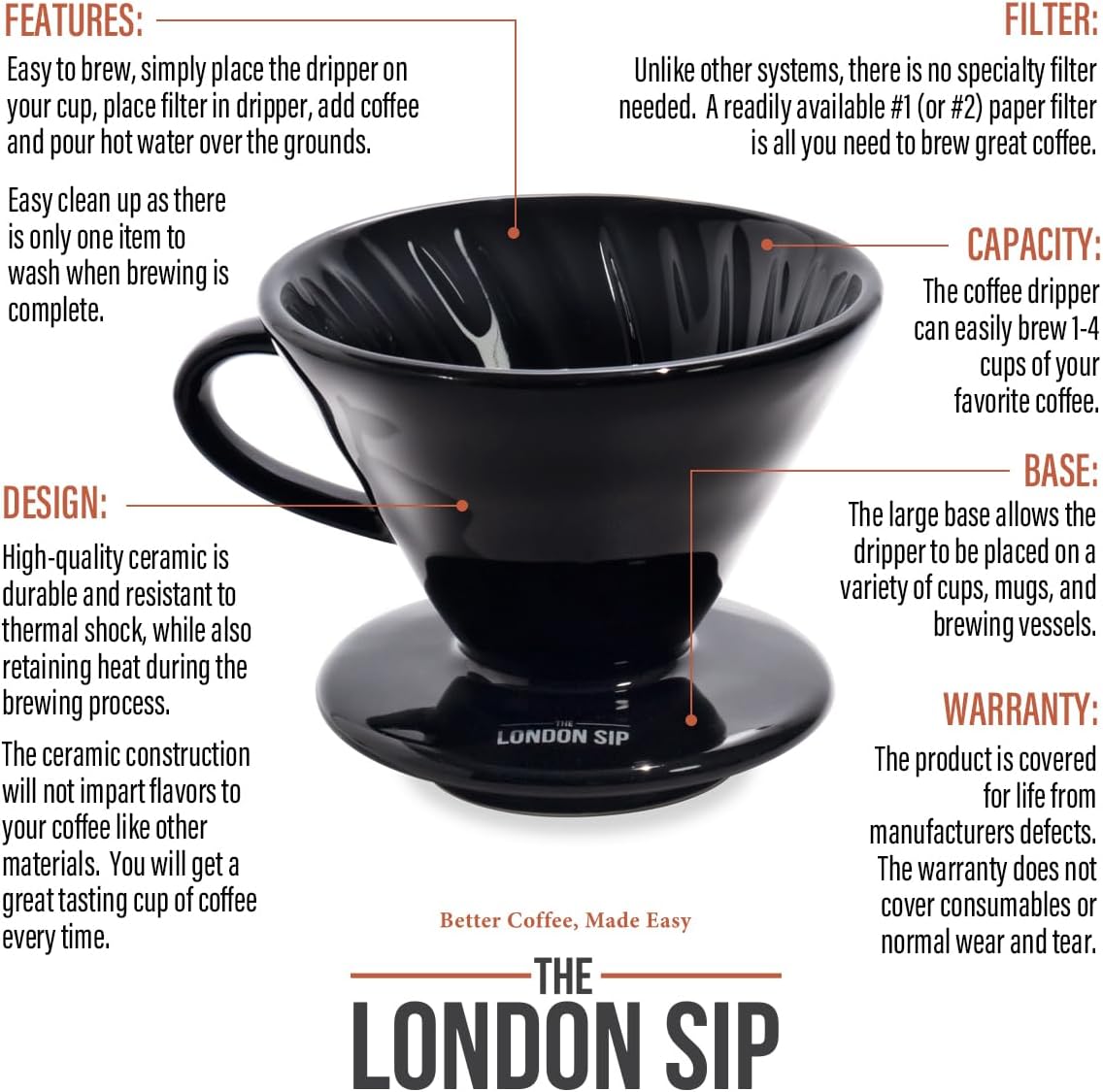 The London Sip Ceramic Coffee Dripper Pour Over Ceramic Coffee Maker, Coffee Slow Brewing Accessories for Home, 1-4 Cup, Black