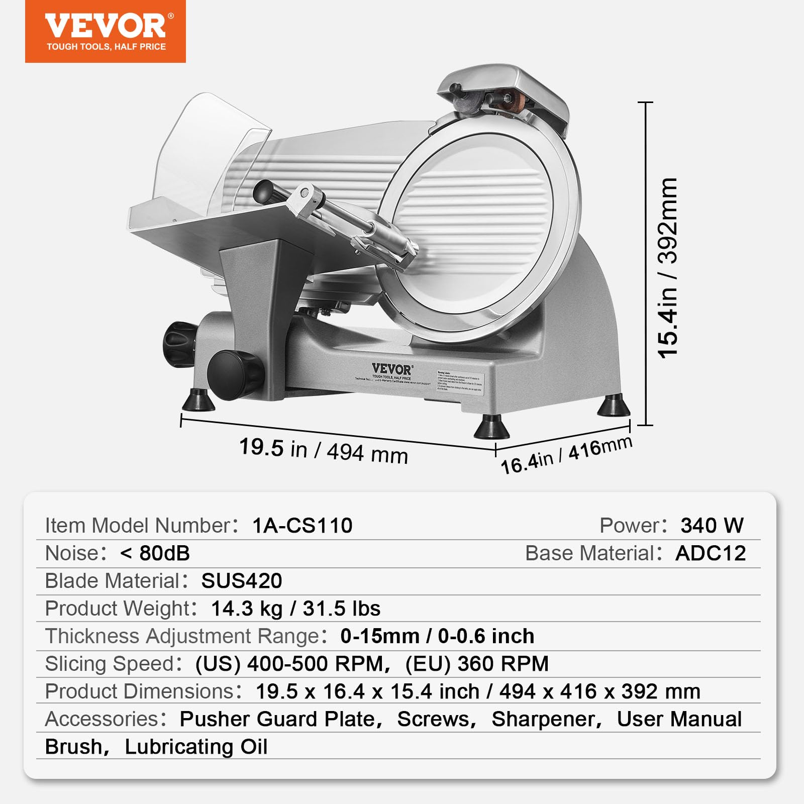 VEVOR Kommerzieller Fleischschneider 340 W 25,4 cm Klinge 0-15 mm Einstellbare Dicke