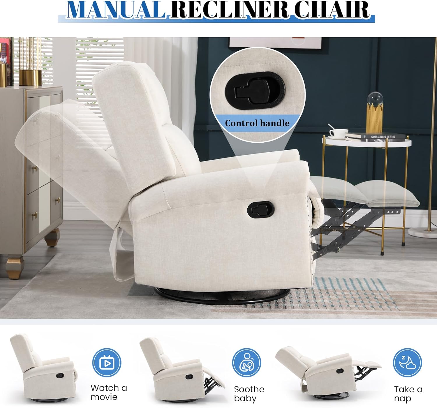 Antetek Swivel Rocking Recliner Chair, Velvet Nursery Glider Chair with Footrest/High Back, Manual Wingback Upholstered Nursery Rocking Chairs for Living Room, Nursery, Bedroom, Ivory