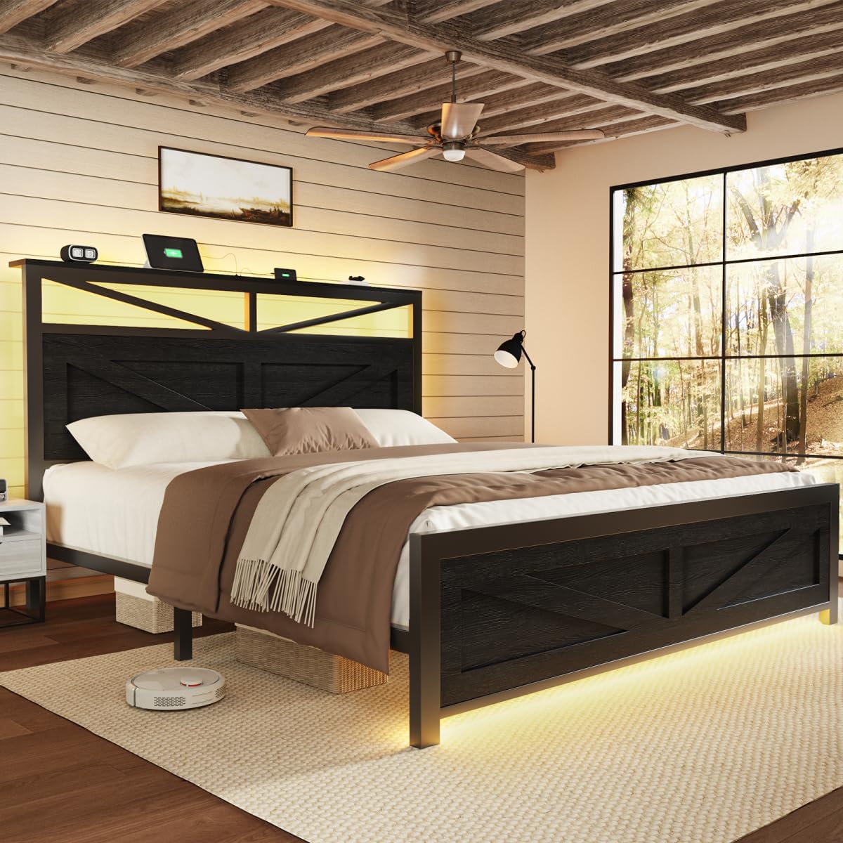 Rustic Queen Bed Frame with Barn Door Headboard and Storage, Farmhouse LED Bed Frame Queen Size with Charging Station, Industrial Bed Frames Metal Slats Support, No Box Spring Needed, Black
