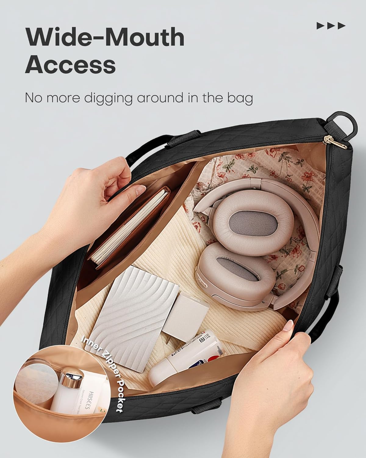 HOTOR Travel Duffel Bag - Weekender Bags for Women, Gym Tote Bags with Shoe Compartment, Carry On Overnight Bag with Toiletry Bag for Travel Essentials and Travel Accessories, Black, 13.4"×17.3"×7.9" - Image 7