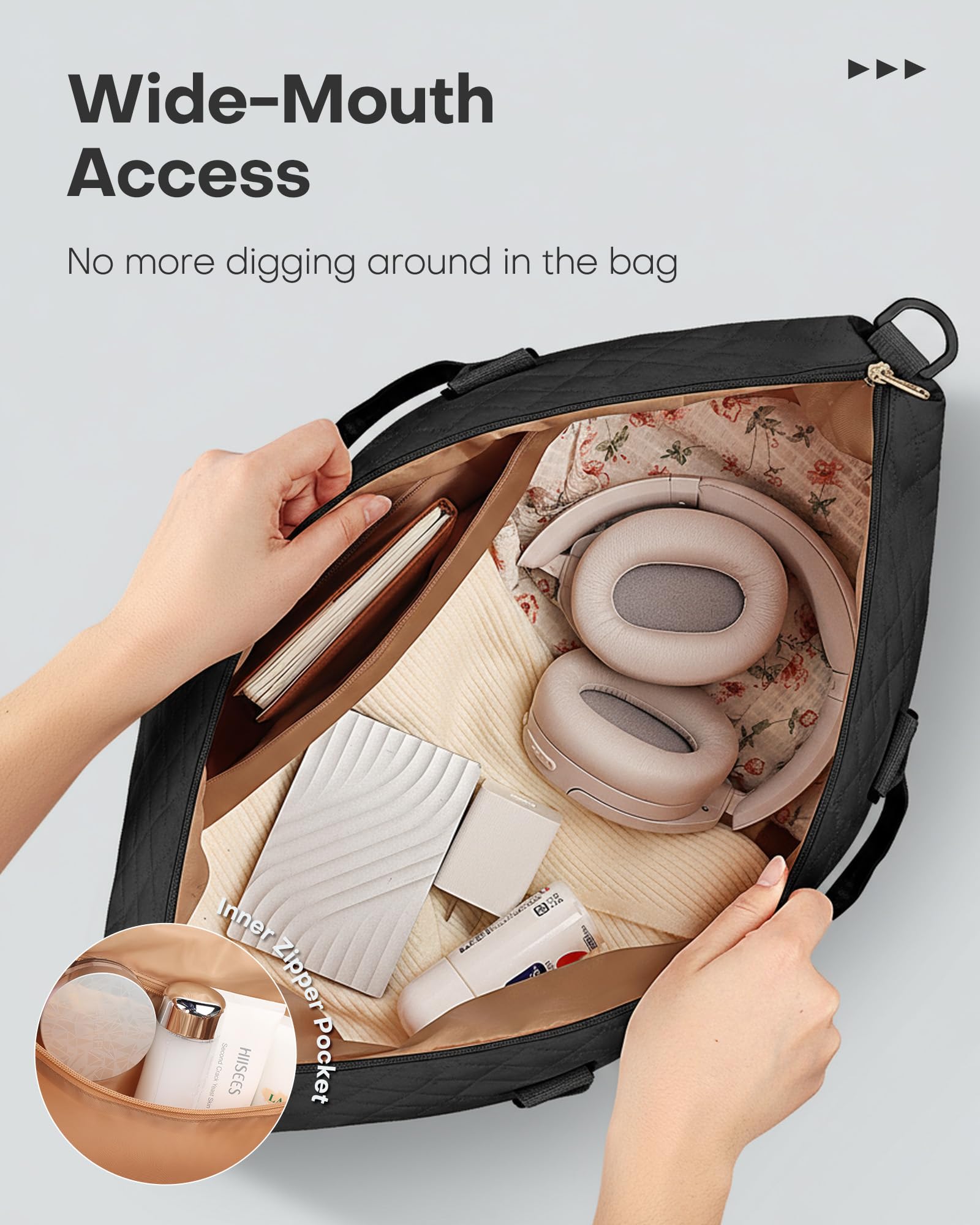 HOTOR Travel Duffel Bag - Weekender Bags for Women, Carry On Overnight Bag with Shoe Compartment, with Toiletry Bag for Travel Essentials and Travel Accessories, Black, 13.4"×17.3"×7.9"