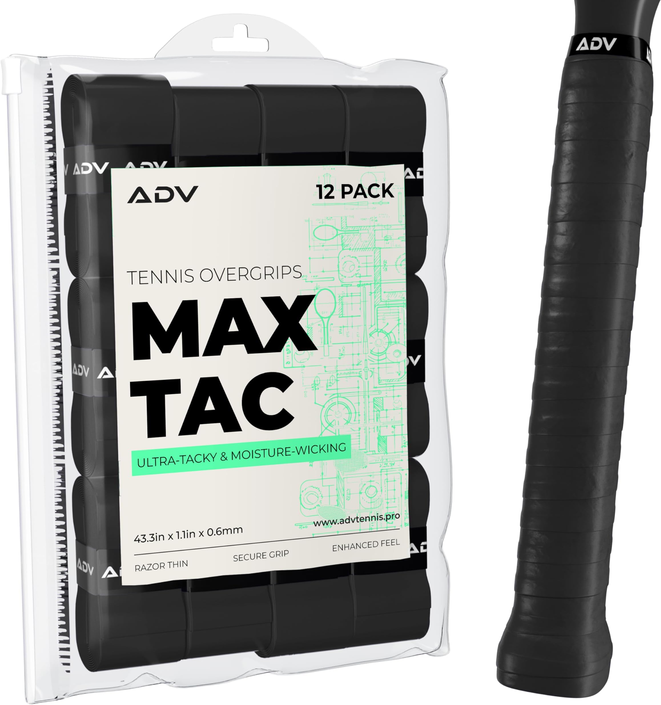 - ADV MaxTac Tacky Tennis Overgrip - 12 Pack Extremely Sticky Non-Slip Tennis Grips Overgrip - Razor-Thin & Easy to Use Pro Tennis Racquet Grip Tape (12-Pack Black)