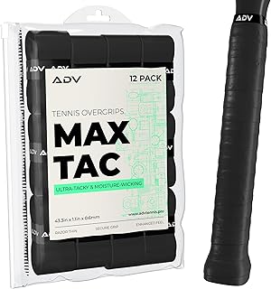 ADV MaxTac Tennis Overgrip, Tacky Moisture-Wicking Grip (Black, 12-Pack) | Ultra tacky surface, wicks moisture, razor thin so grip size barely changes