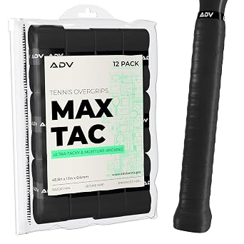 ADV MaxTac Tennis Overgrip, Tacky Moisture-Wicking Grip Black, 12-Pack | Ultra tacky surface, wicks moisture, razor thin so grip size barely changes