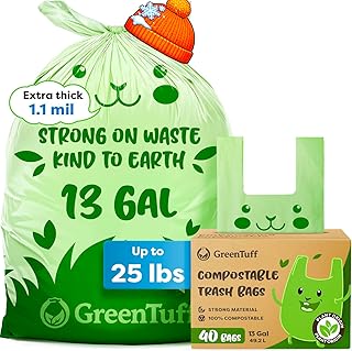 13 Gallon Compostable Trash Bags (40 Count) — Leakproof Plant-based Thick (1.1 Mil) Tall Kitchen Garbage Bags — ASTM D6400 BPI Certified — Heavy-Duty Large Food Scrap Liner Bag with Handle-Tie