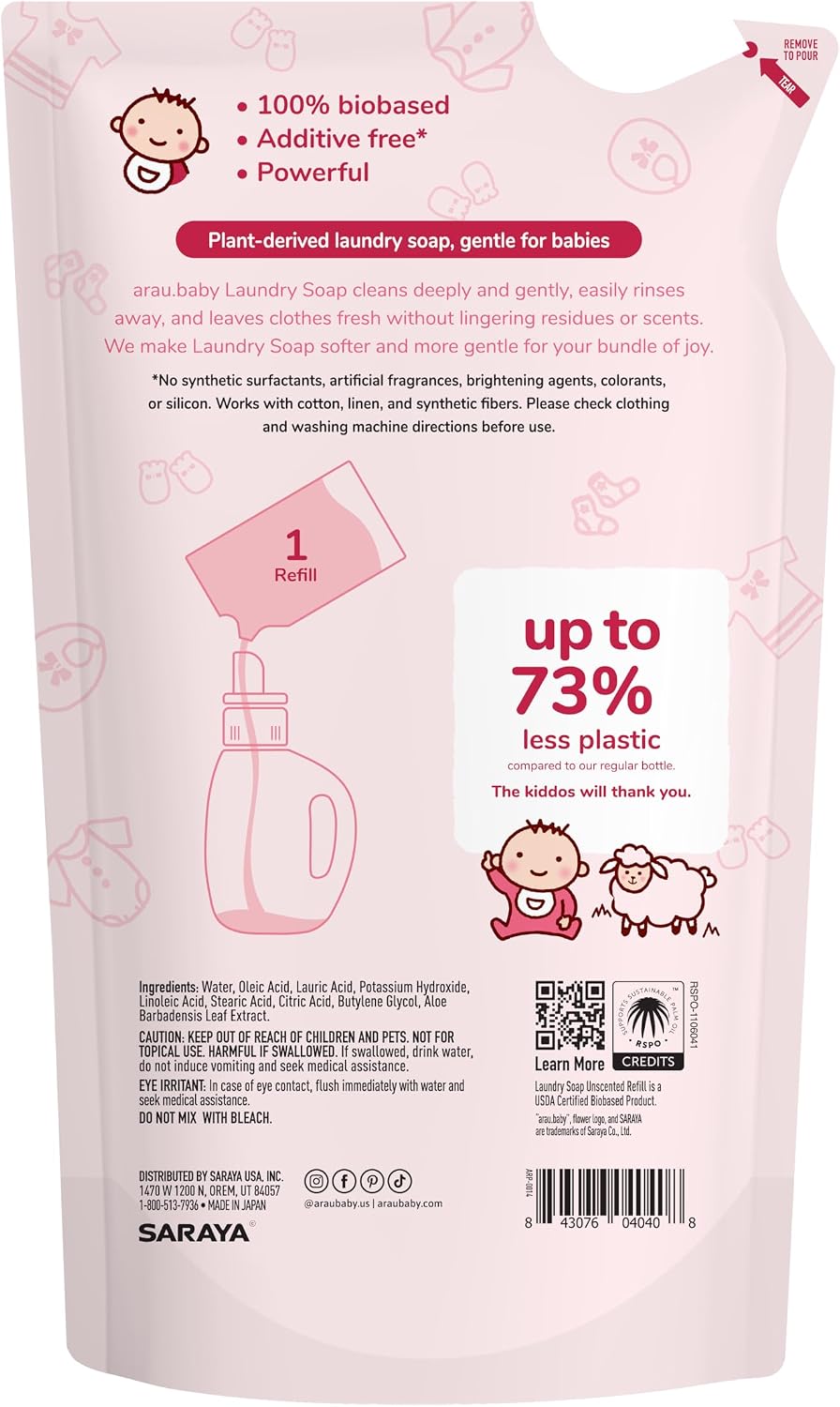 Arau Baby Laundry Soap Refill, Unscented, Plant Based Formula, Safe for Sensitive Skin, Baby Laundry Detergent with No Artificial Fragrance or Additives, Newborn and Baby Clothes, 24.3 Fl Oz image 2