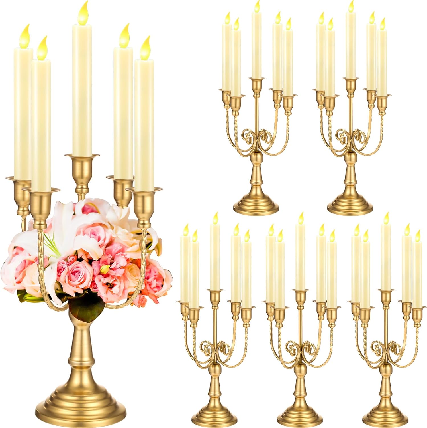 Hushee 6 Pcs Gold Candelabra Candle Holders 5 Arm 12" Metal Candlestick Holder Gold Candelabra Centerpieces for Tables Wedding Holiday Birthday Party Event Reception Decor, Just for LED Candles