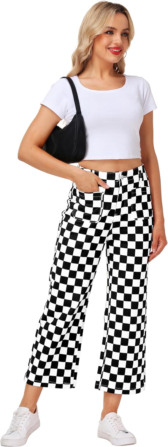 Women Checkered Cropped Jeans Straight Leg Stretchy Denim Pants with Pockets - Image 6