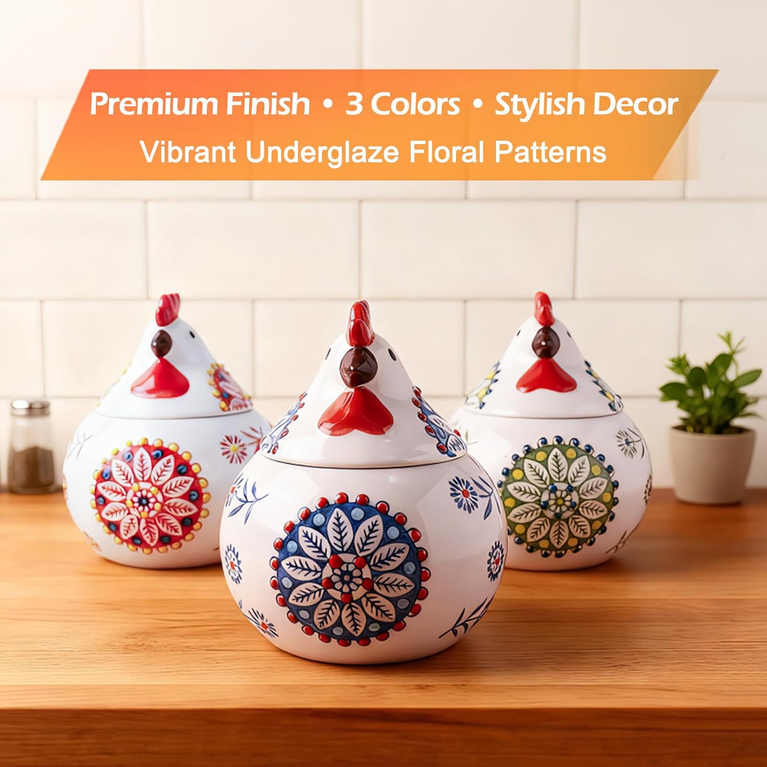 Ceramic Salt Cellar with Lid and Spoon, 13.5 oz Chicken Salt Jar for Countertop, Rooster Salt Holder for Salt, Sugar, Spices, Coffee, Farmhouse Kitchen Decor, Blue