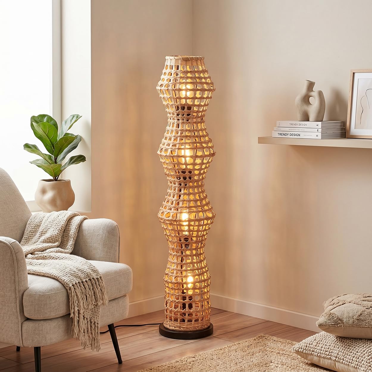 HOFSTEIN Stehleuchte Cardeira, Stehlampe im skandinavischen Design, Boho-Style mit Schirm aus Rattan in Natur und Lichteffekt, E27, Höhe 110 cm, Fußschalter - Wohnzimmer, Schlafzimmer, Esszimmer, Flur