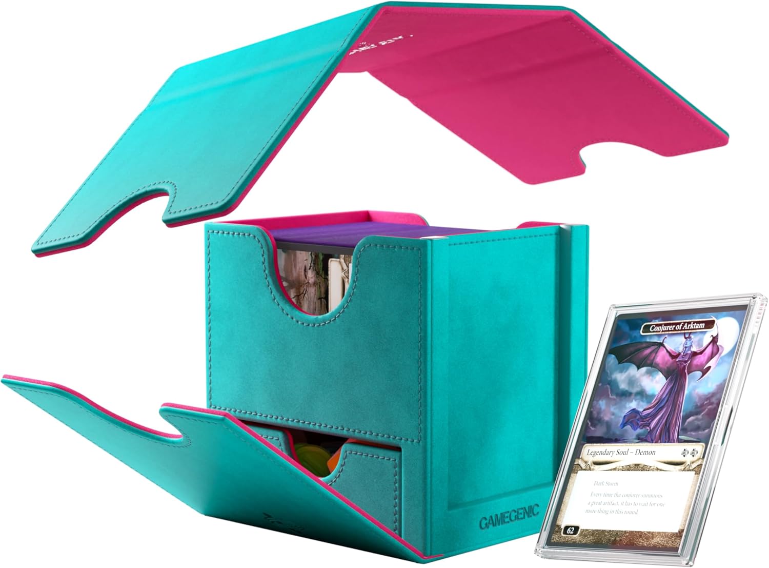 Gamegenic Sidekick Pro 100+ XL Convertible - Premium Deck Box with Secure Card Storage, UV Protected Slide Card Case, Display Top Card, Extra Token Drawer, Magnetic Closure, Teal/Pink Color, Made