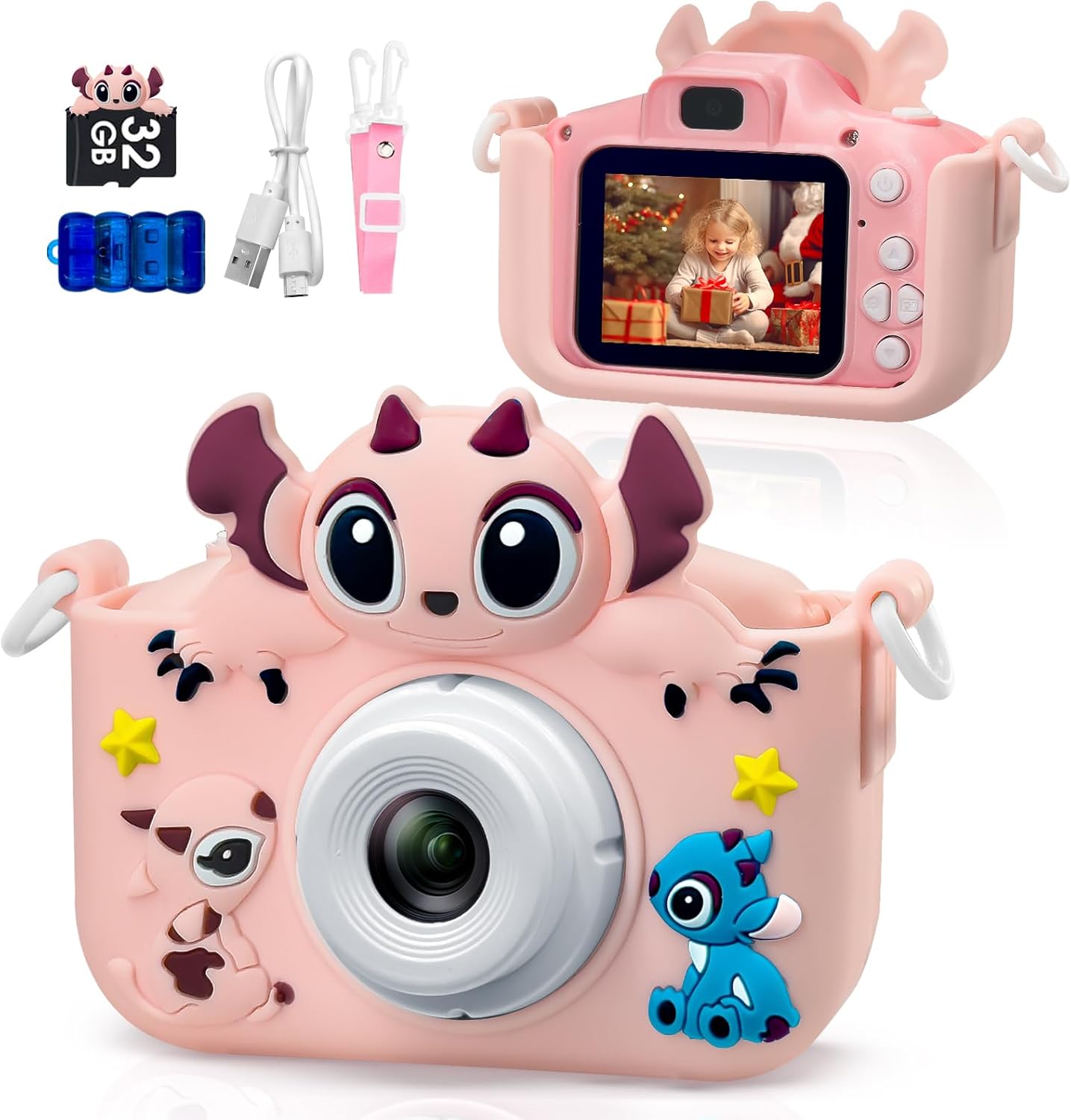 Kids Camera 2PCS Toddler Digital Camera Little Girls Toy Camera for 3 4 5 7+ Years Old Boys Christmas Birthday Gifts for Kids Digital Camera 40MP Dual Lens 1080P HD Video Selfie Camera 32GB SD Card