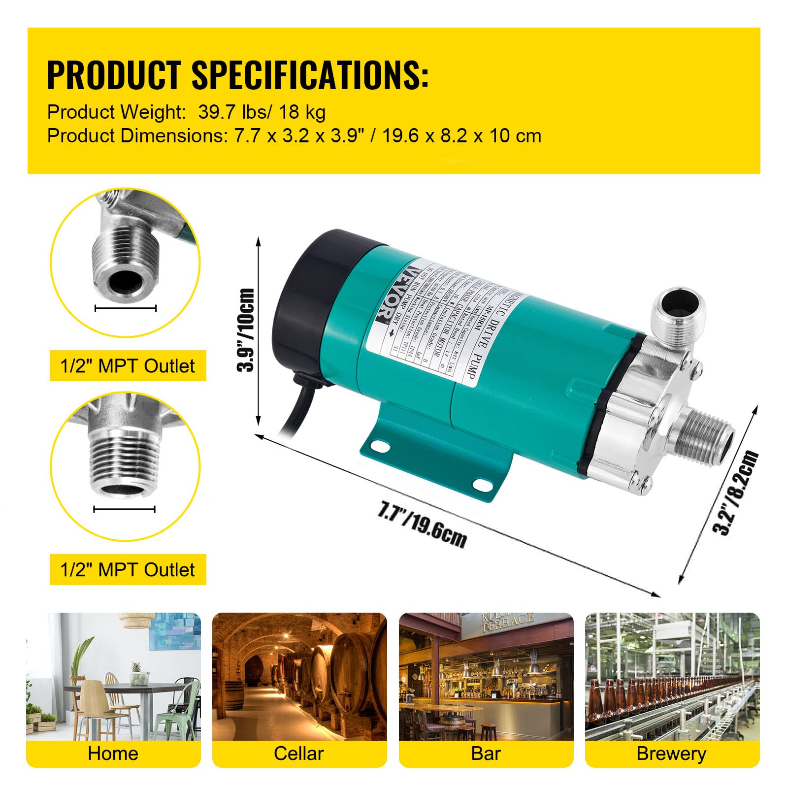 VEVOR Pompe d'Entraînement Magnétique de Qualité Alimentaire MP-15 RP, Pompe à Bière Acier Inoxydable Silencieuse pour Homebrew Brewing