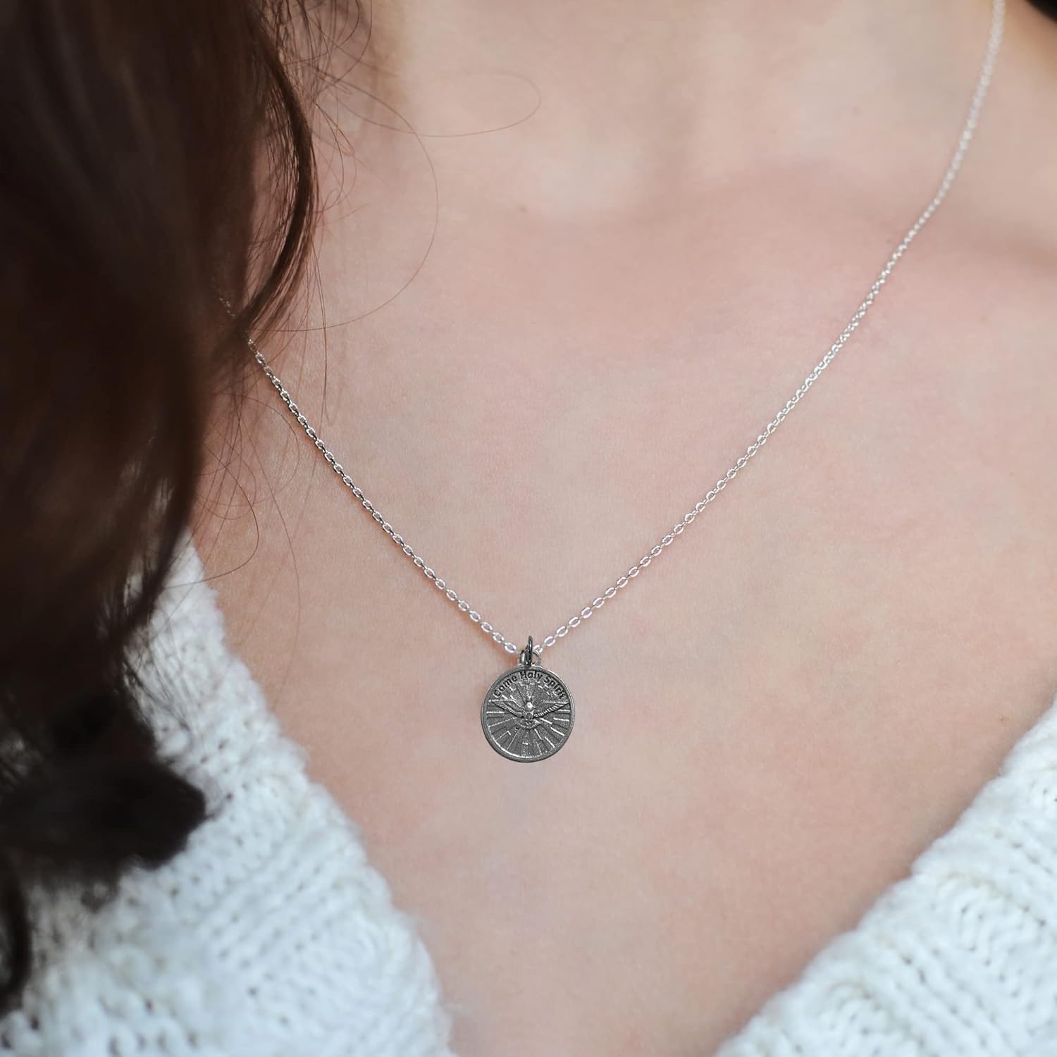 Needzo Round Silver Tone Come Holy Spirit Dove Pendant Medal with Prayer on Back, Devotional Medals for Religious Jewelry, Faith Based Gifts for Catholic Confirmation, Lot of 5, 0.75 Inches Diameter - Image 7