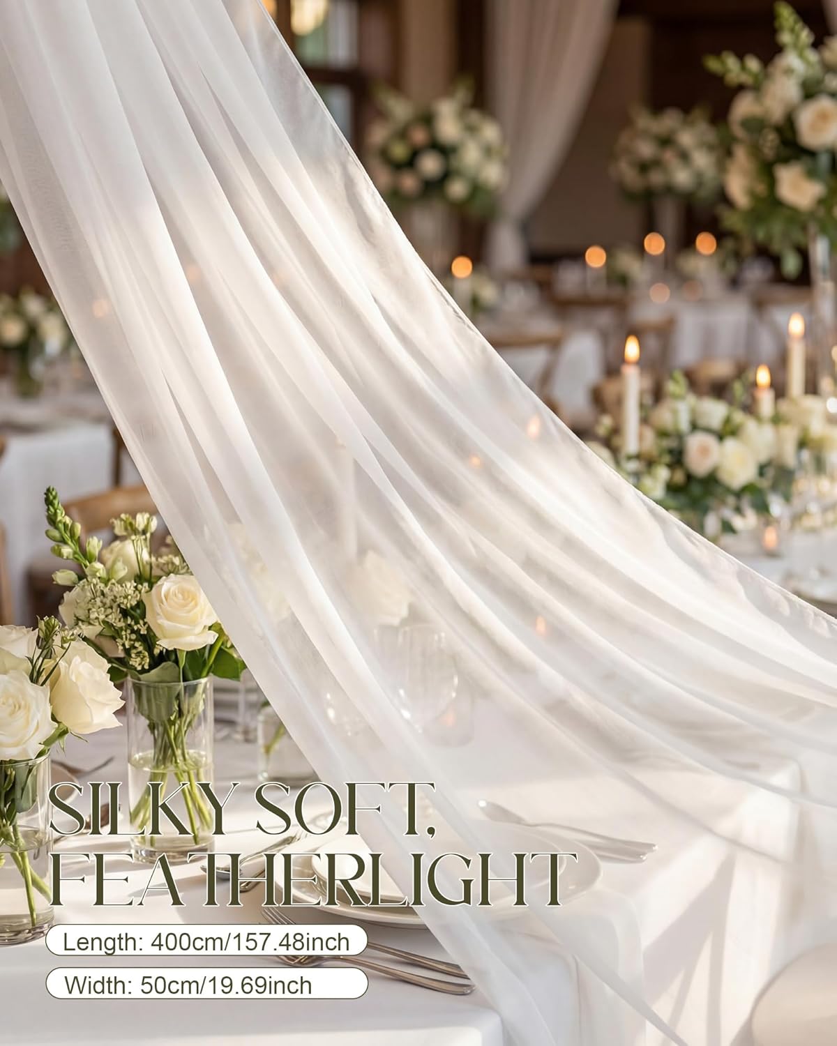 Bridal Neck Scarf Long for Wedding 157 Inch White Chiffon Veil Scarf for Bride Minimalist Tulle Wrap for Ceremony Elopement Evening Dress Reception Bridal Portrait - Image 3