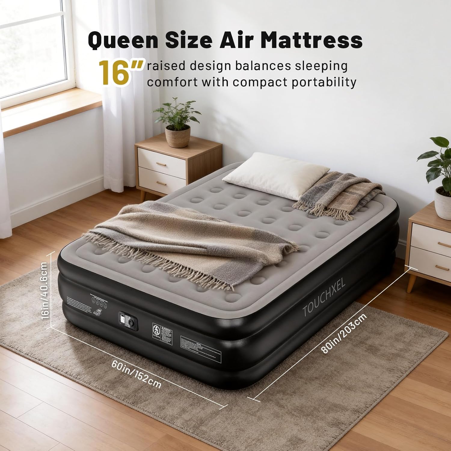 Air Mattress Queen with Built in Pump 16 Inch Raised Inflatable Mattress, Blow Up Airbed, Colchon Inflable, Portable Self Inflating Bed for Camping Guests Home Travel, 600 lbs Max