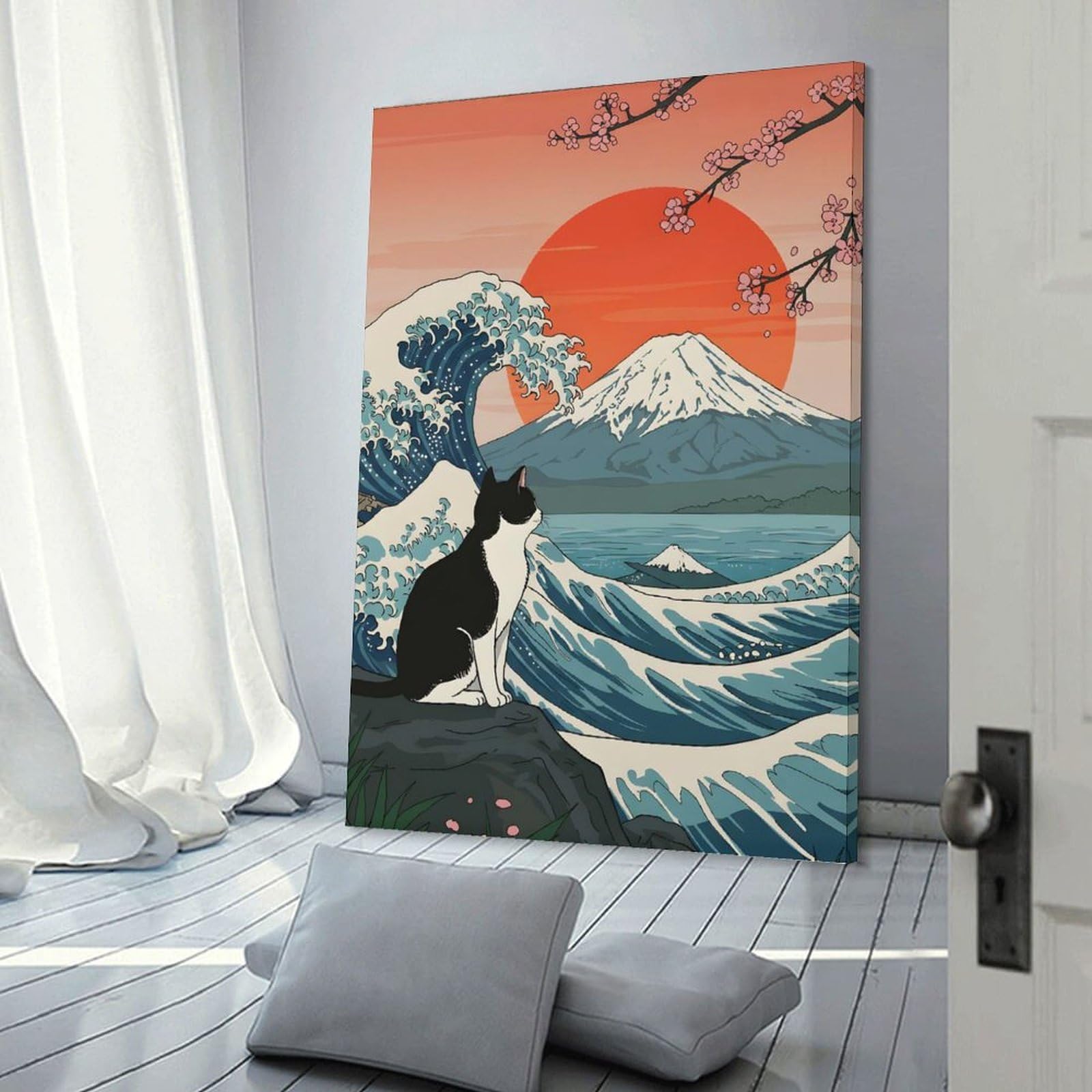 Junmoney Cat Japanese Wave Kanagawa Wall Decor Canvas Print, 24x36inch(60x90cm), for Wall Displays, Bedrooms Or Room Updates, Wall Decor Suited to Curated Displays