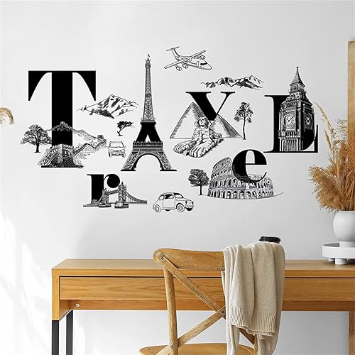 Miniatura 4 de WAFT YEARN Calcomanías de pared con diseño de fuente de arte de viaje, torre Eiffel, esfinge, puente de Londres, Coliseo romano, gran pared, lugares