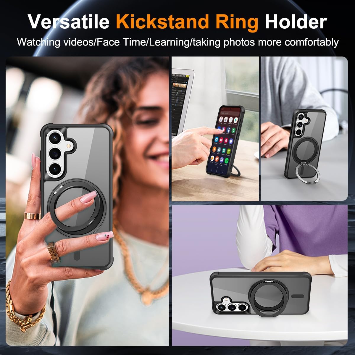 360° Magnetic Swivel Ring for Samsung S24/25 Plus case, Built-in Metal Stand and Ring Holder, Magsafe Compatible, Military Grade Protection, Shock Resistant - Black