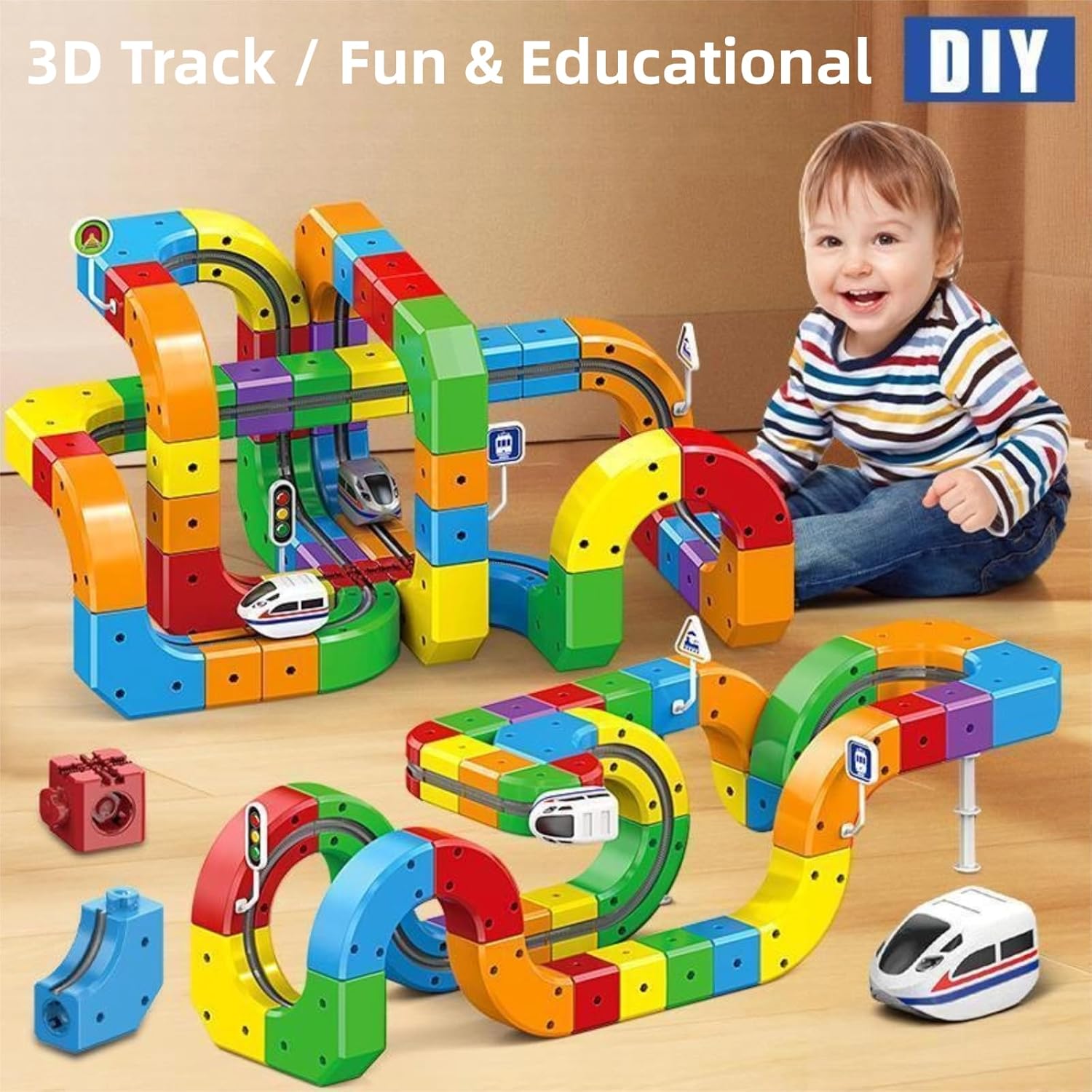 Magnetic Electric Train Set for Kids 3-8, Modular 3D Tracks with Gravity-Defying Motorized Train, STEM Building Toy with Cubes, Creative Learning Gift