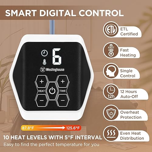 Miniatura 2 de Westinghouse Manta térmica eléctrica de tamaño completo, 10 niveles, apagado automático, calentamiento rápido, lavable a máquina (72 x 84 pulgadas,
