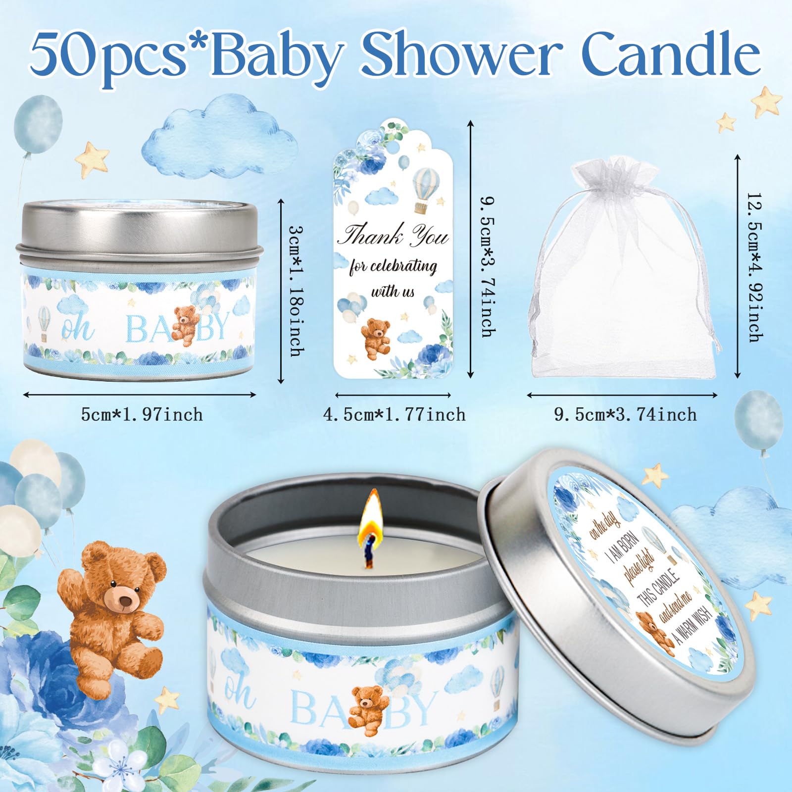 50 zestawów świec na baby shower, upominki na imprezę, niedźwiedź, lawenda, upominki luzem dla gości, dziewczyny, chłopca, baby shower, ujawnienie płci, prezenty na imprezę (niebieski niedźwiedź)