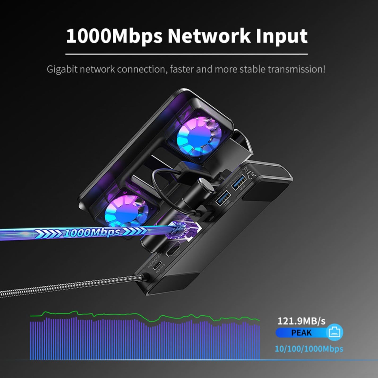 Docking station portatile con ventole di raffreddamento per Steam Deck, per ROG Ally-X, OneXPlayer 4K@144Hz Output, 85W Fast Charging, Gigabit LAN, 3 porte USB 31 nero (nero)